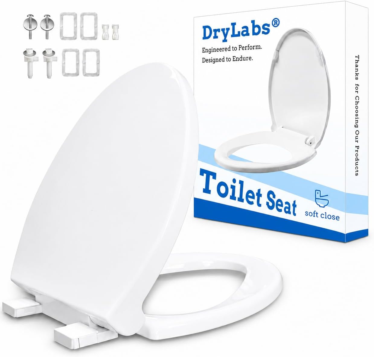 Elongated Toilet Seat 18.5", Soft Close, Never-Loosen Design, White Plastic