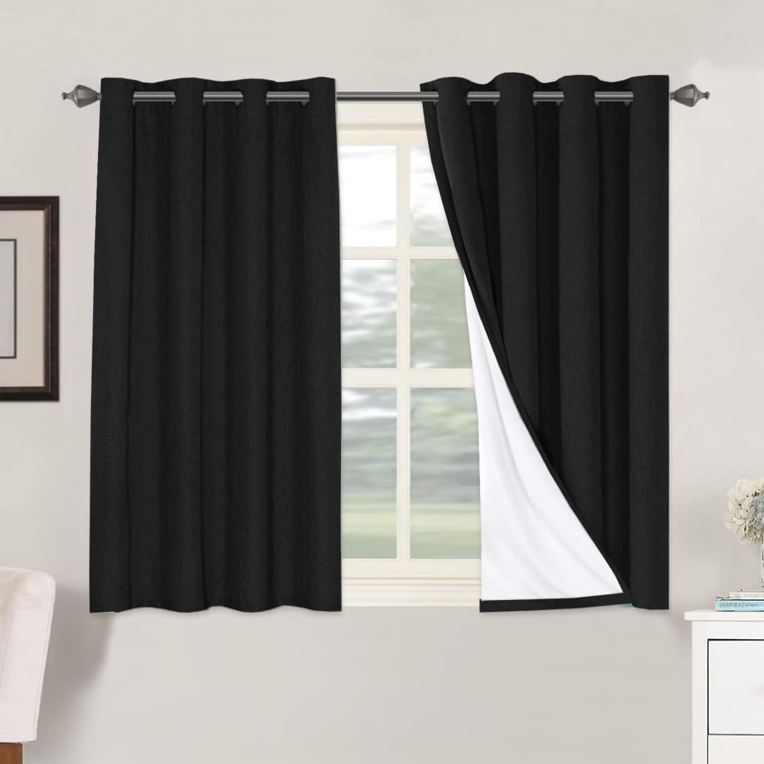 H.VERSAILTEX 100% Blackout Linen Curtains 45" L 2 Panels Black