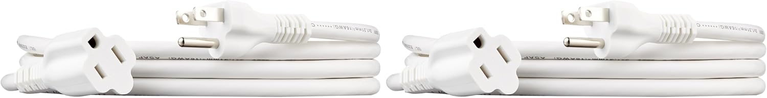 Amazon Basics 3-Prong Extension Cord for Indoor Use, 13 Amps, 125V, 6 Foot, White, 2-Pack