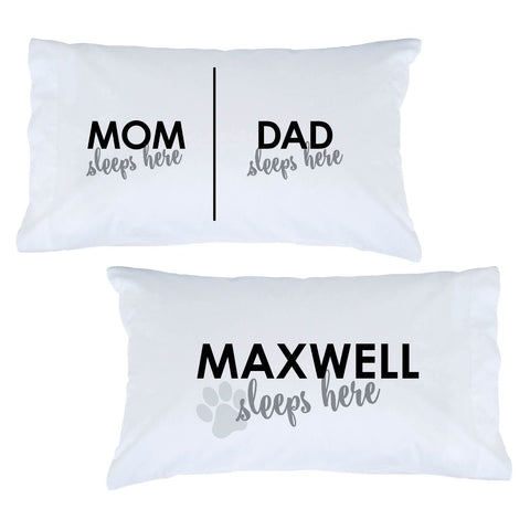 Personalized Planet Dog Sleeps Here White Bedroom Pillowcase Set with Custom Personalization | Pet Owner Bedroom Décor | 2 Standard Queen Size Pillow Covers | 20x31