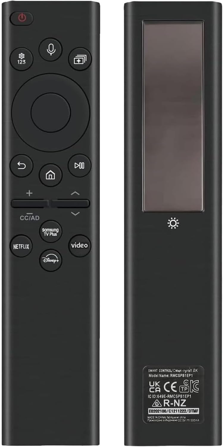 Rechargeable TV Remote for Samsung Smart TVs, Replacement for All 2019-2026 Samsung TV Remote Control with Voice Control. USB-C Fast Charging. Solar Charging. 2-Year Warranty.