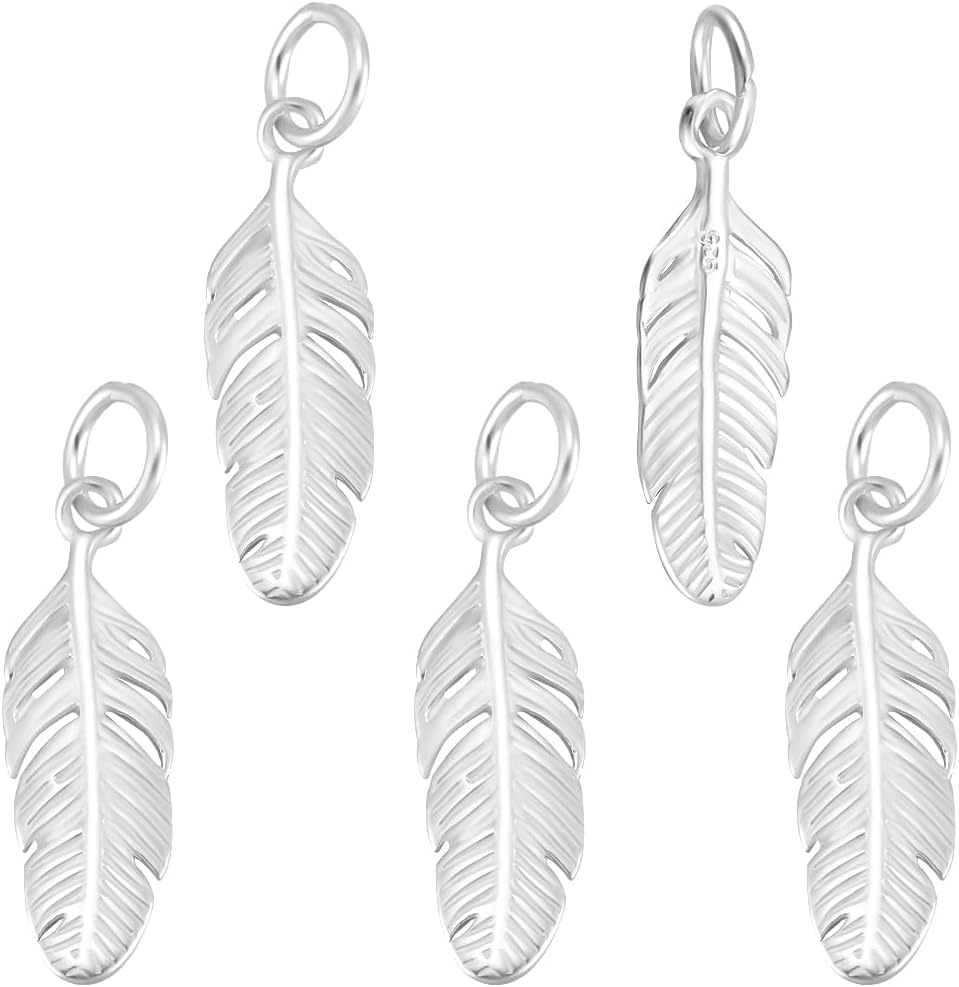 Beebeecraft 1 Box 5Pcs 925 Sterling Silver Feather Charms Antique Tibetan Style Plumage Feathers Shaped Mini Charm with Polishing Cloth for Jewelry Making Pendants Necklace Bracelet DIY Craft Supplies