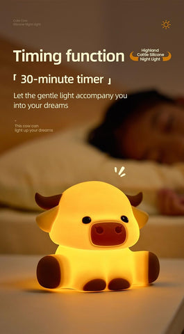 Cute Highland Cow Night Light, Squishy Highland Cow Novelty Animal Lamp, 3 Level Dimmable Nursery Nightlight with Timer, Food Grade Silicone Touch Night Light Fun Gifts for Kids Boys Girls Baby