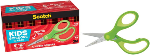 Scotch 5" Soft Touch Pointed Tip Kids Scissors, 12 Count Teacher's Pack