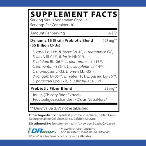 Stonehenge Health Probiotics 55 Billion CFU - 16 Strains, Prebiotic, Synbiotics Dynamic Biotics - Lactobacillus Acidophilus, Delayed Release, Shelf Stable, Non-GMO Gluten Free Veggie Capsule