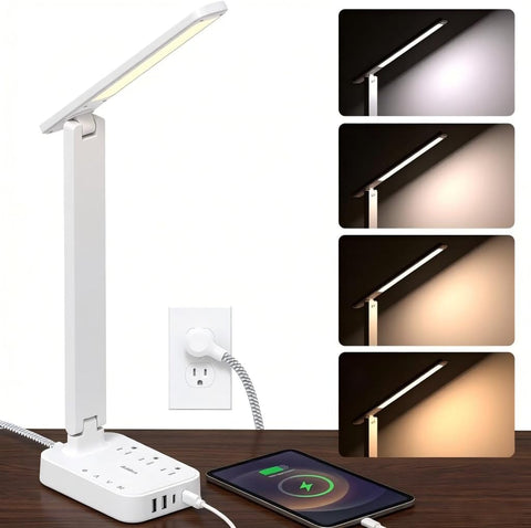 Addtam LED Desk Lamp, Power Strip with 3 Outlets 4 USB Charging Ports(2 USBC), 4 Modes 5 Level Brightness Touch Lamp, Small Desk Lamp for Home Office College Dorm Room Essentials, White