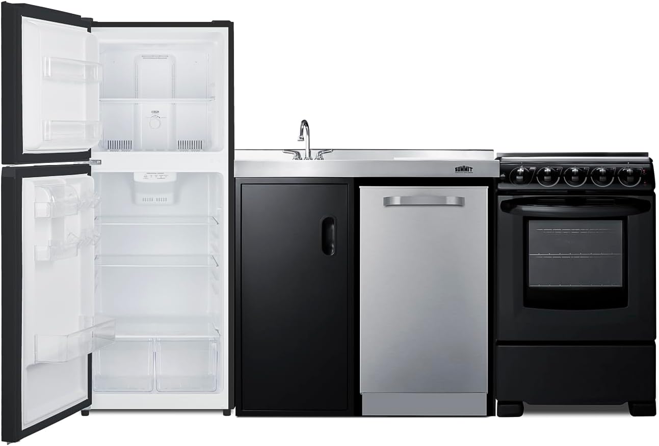 Summit 80" All-in-One Kitchenette, Full Sized Refrigerator-Freezer, Dishwasher, 4-Burner Electric Range, Sink - ACK80HT