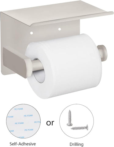 VAEHOLD Self Adhesive Toilet Paper Holder with Phone Shelf SUS 304 Stainless Steel Wall Mounted Toilet Paper Roll Holder - Rustproof and Bathroom Washroom Tissue Roll Holder with Shelf -Beige