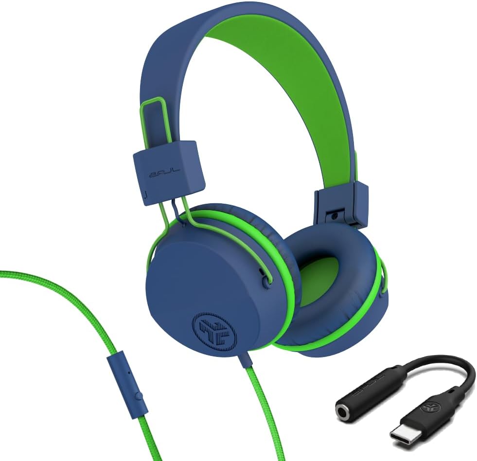 JLab, JBuddies Studio, Kids Wired on-Ear Headphones, Bundle with USB-C Adapter, Volume limiting, Foldable, Blue/Green