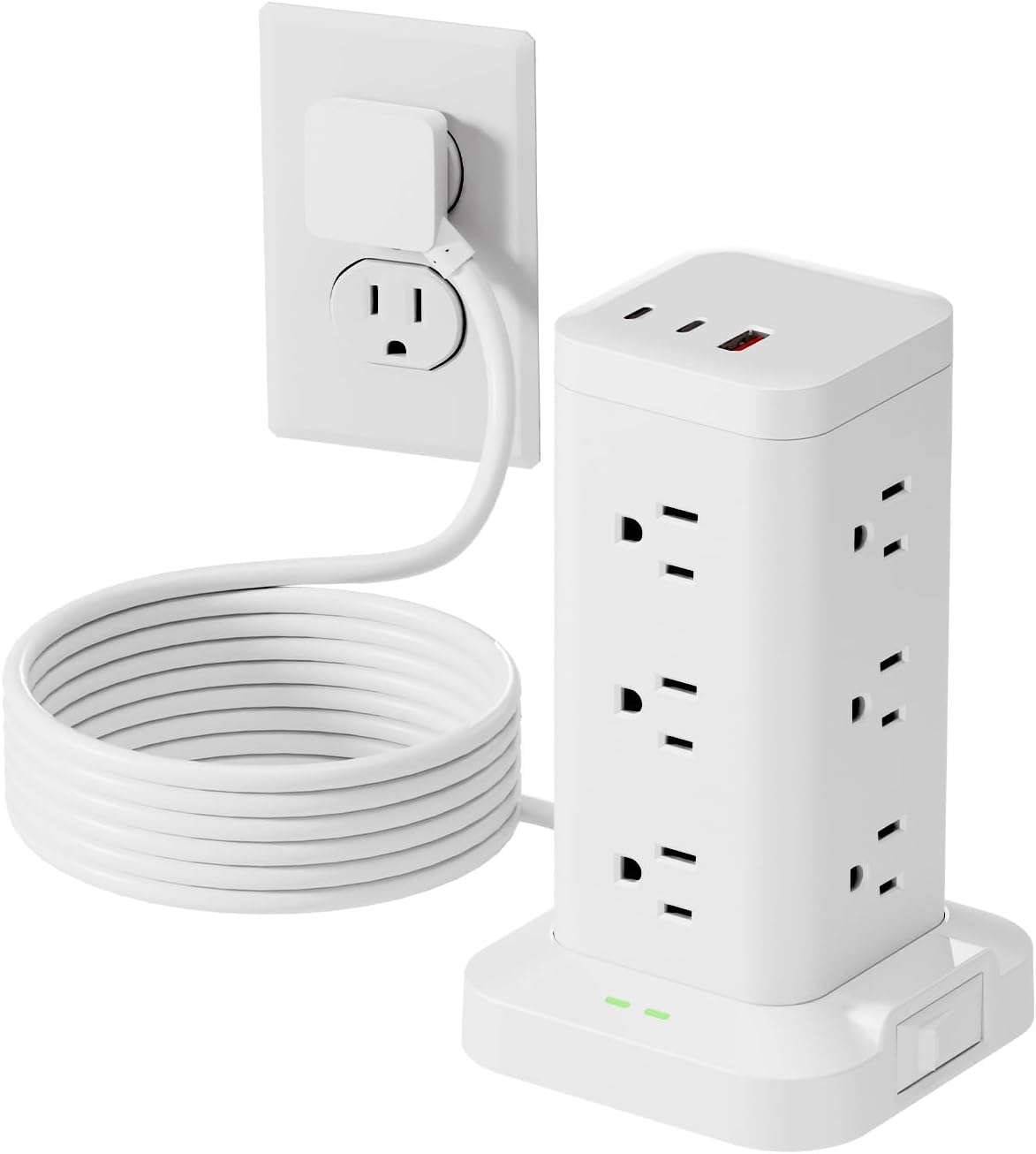 Power Strip Tower with Surge Protector 1800J, Fast Charging Tower PD20W USB-C Ports with 12 AC Outlets, Extension Cord for Home Office Dorm Room,10ft, White