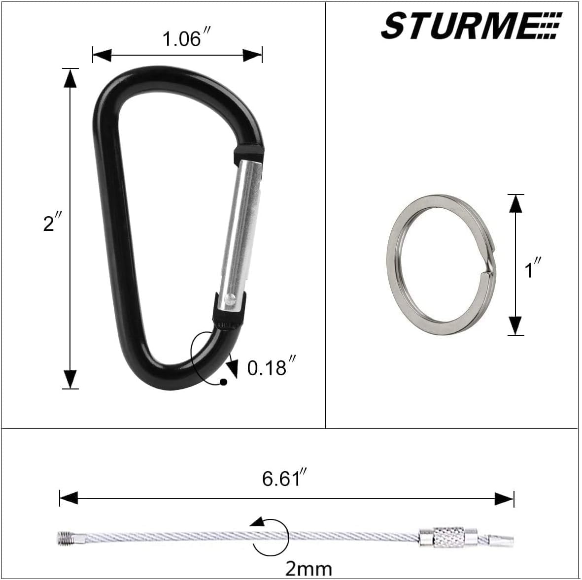 STURME 2" Aluminum D Ring Carabiners Clip D Shape Spring Loaded Gate Small Keychain Carabiner Clip Set Outdoor Camping Mini Lock Snap Hooks Spring Link Key Chain Durable Improved 24 PCS