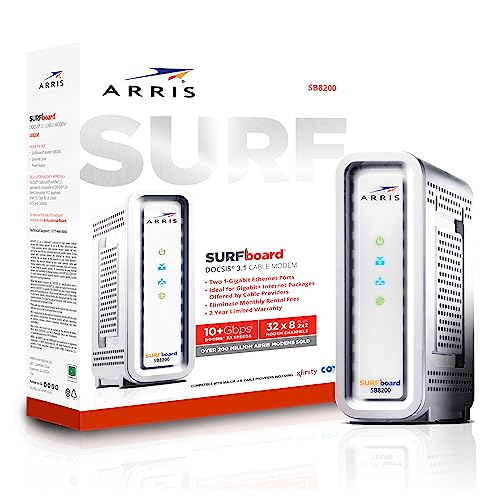 ARRIS SURFboard SB8200 DOCSIS 3.1 Cable Modem , Approved for Comcast Xfinity, Cox, Charter Spectrum, & more , Two 1 Gbps Ports , 1 Gbps Max Internet Speeds , 4 OFDM Channels