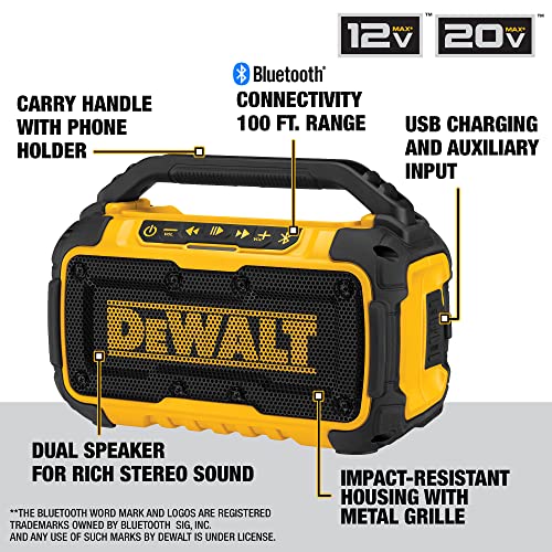 DEWALT 20V MAX Bluetooth Speaker, 100 ft Range, Durable for Jobsites, Phone Holder Included, Lasts 8-10 Hours with Single Charge (DCR010)