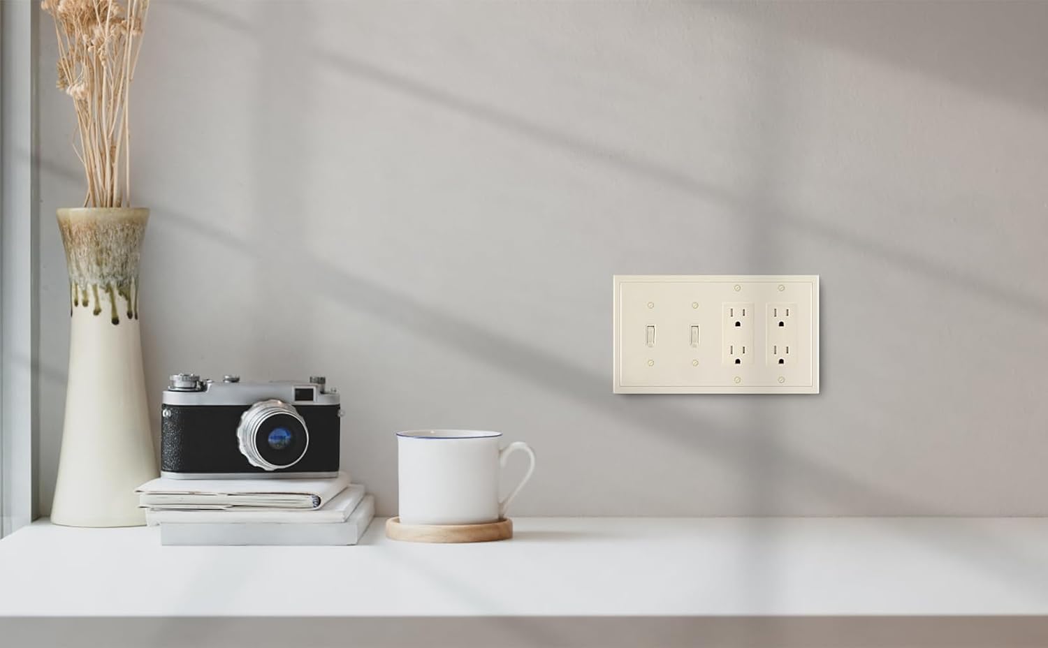 Henne Bery Modern Edge Decorative Wall Plate Switch Plate Outlet Cover, Durable Solid Zinc Alloy (Double Toggle/Double Decorator, Light Almond)