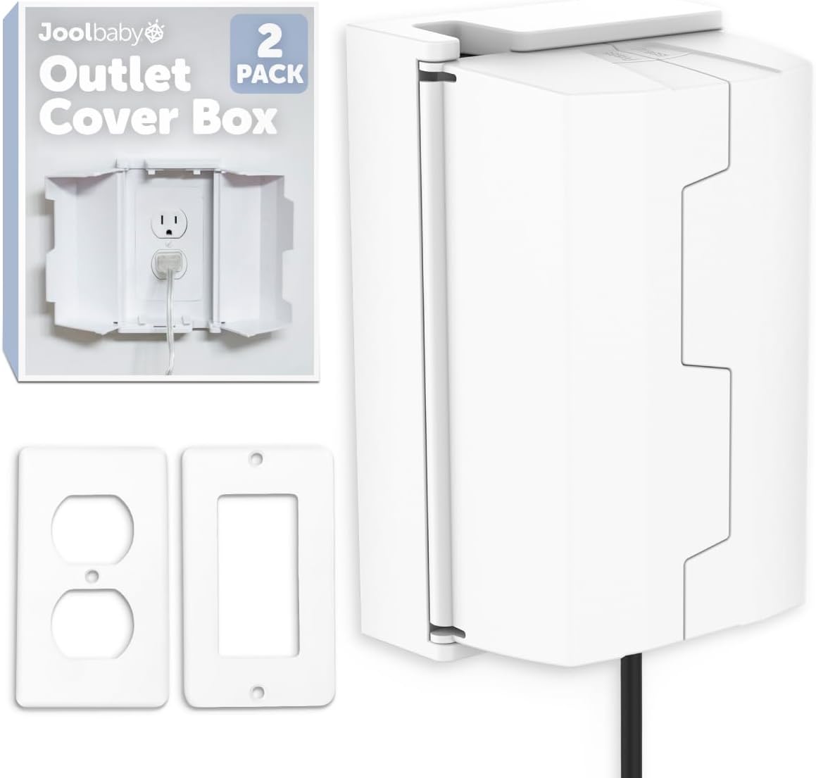 Jool Baby Outlet Cover Box for Child Safety (2 Pack) Duplex & Decorator Electrical Outlet Plates, Concealed Access Buttons, and Spacious Compartment