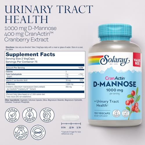 SOLARAY D-Mannose with CranActin Cranberry Supplement 1000mg, Urinary Tract Health & Bladder Support Capsules with Vitamin C, Vegan, 60 Day Guarantee, 75 Servings, 150 VegCaps