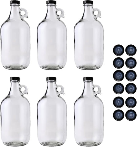 64oz Glass Jug 6-Pack with 18 Polyseal Caps for liquids | Half Gallon Jug
