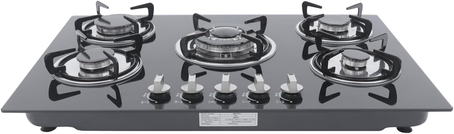 30" Built-in Gas Cooktop 5 Burner, Tempered Glass LPG/NG Dual Fuel, High Efficiency Stove with Easy-Clean Surface for Home & Commercial Use