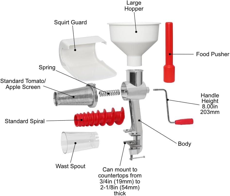 Johnny Apple Sauce Maker, Tomato Sauce Maker, Remove Skins & Seeds From Produce, Model 250 Clamp Based Food Strainer (Basic Strainer)