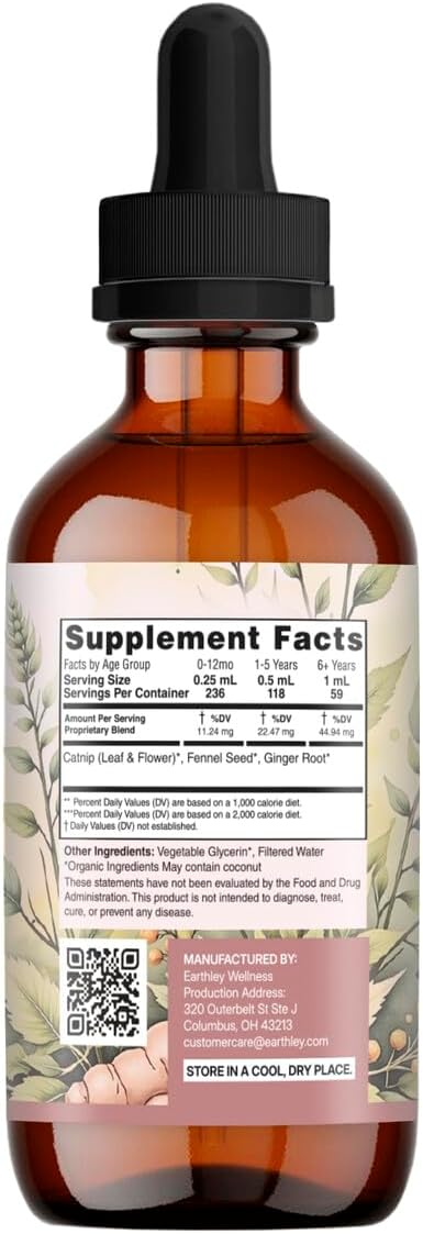 Earthley Wellness Organic Baby Gas Relief, 4 Month Supply, Natural Gripe Water for Babies, (2 oz, 1,200 Drops), Baby Gas Relief with Fennel Seed & Ginger Root for Digestive Comfort
