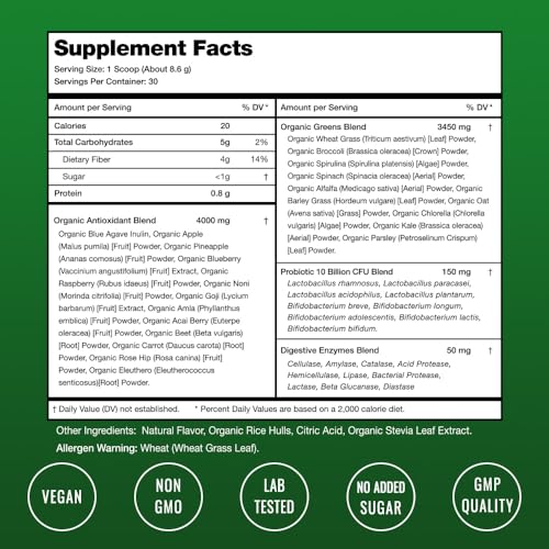 NutraChamps Super Greens Powder Premium Superfood | 20+ Organic Green Veggie Whole Foods | Wheat Grass, Spirulina, Chlorella & More | Antioxidant, Digestive Enzyme & Probiotic Blends