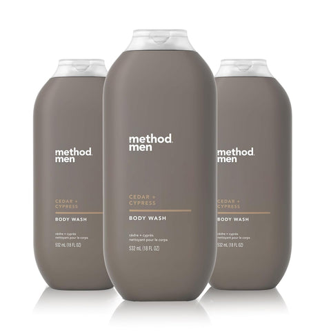 method Men’s Body Wash, Cedar + Cypress, 18 fl oz, 3 Pack | Soothing Formula, Leaves Skin Feeling Soft & Moisturized, Rich Lather, Made Without Parabens