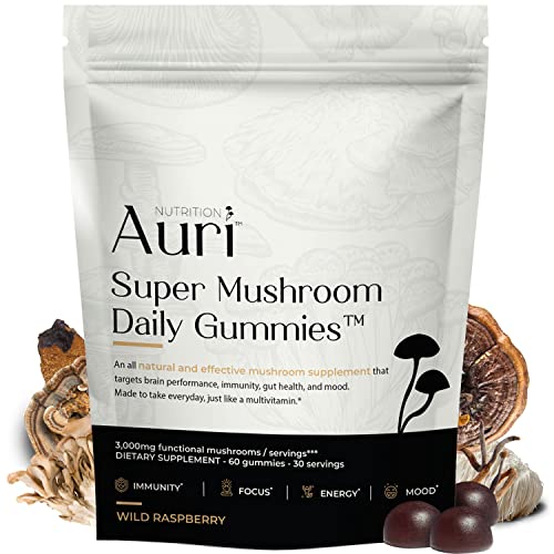 Auri Super Mushroom Daily Gummies - All-in-One Daily Mushroom Supplement Gummy - 12 Mushroom Blend with Chaga, Lions Mane, Reishi, Cordyceps - 60 Gummies