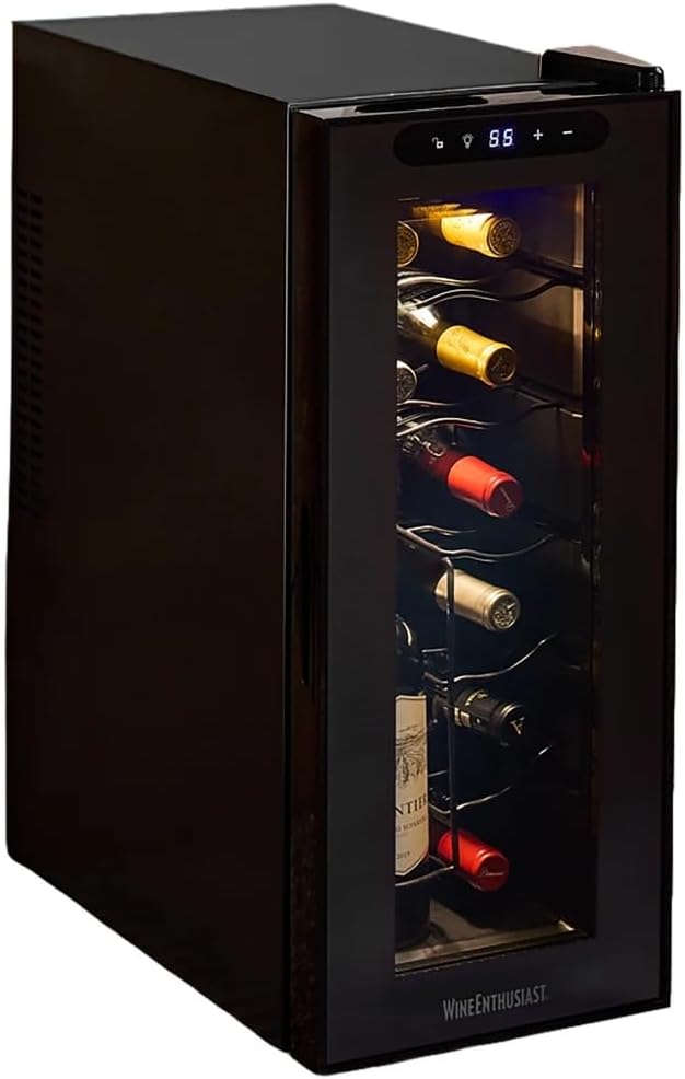 Wine Enthusiast 12-Bottle Slimline Wine Cooler - Energy Efficient Freestanding Wine Refrigerator - Upright Bottle Storage, Adjustable Thermostat, Digital Touchscreen (20.3” x 10.4" x 25.4”)