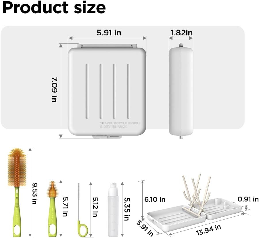 YOTIME Travel Bottle Cleaner Kit with Foldable Bottle Drying Rack, White