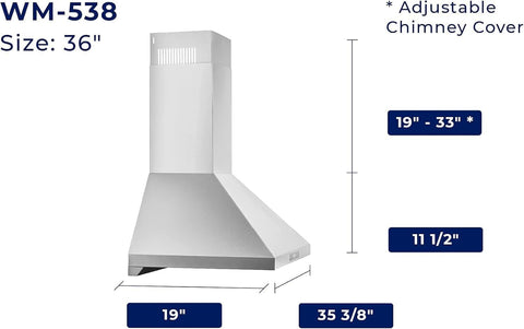 Hauslane Wall Mount Range Hood 36" Convertible 450-860 CFM 6 Speed