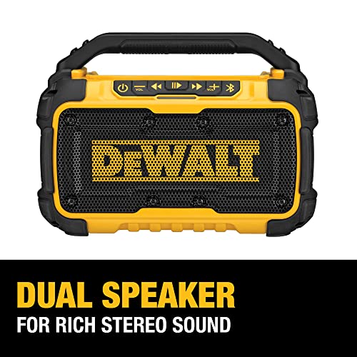 DEWALT 20V MAX Bluetooth Speaker, 100 ft Range, Durable for Jobsites, Phone Holder Included, Lasts 8-10 Hours with Single Charge (DCR010)