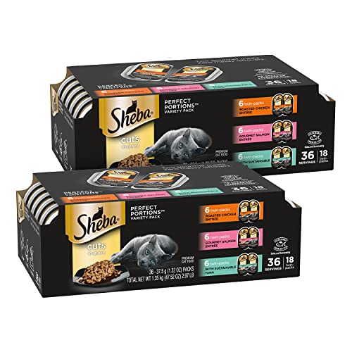 SHEBA Perfect Portions Cuts in Gravy Wet Cat Food Trays, (36 Count, 72 Servings), Roasted Chicken, Gourmet Salmon, and Sustainable Tuna Entrée, Easy Peel Twin-Pack Trays (Pack of 2)