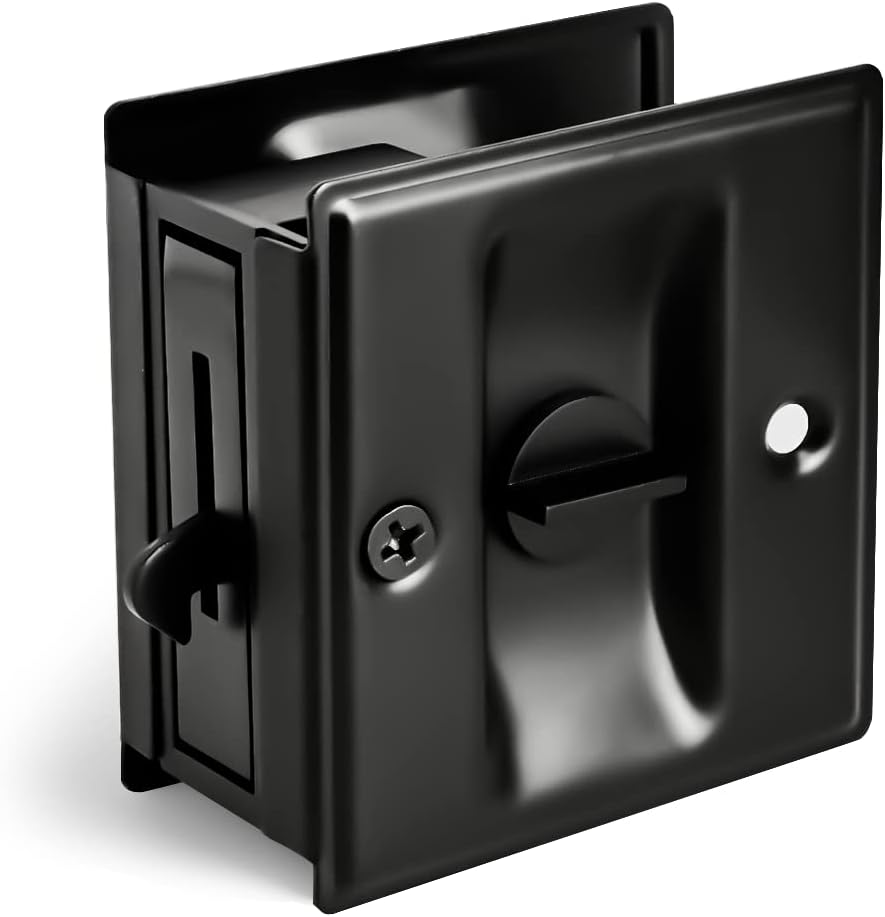 HOMOTEK Privacy Sliding Door Lock with Pull - Replace Old Or Damaged Pocket Locks Hardware Quickly and Easily, 2-3/4”x2-1/2”, for 1-3/8” Thickness Door, Black