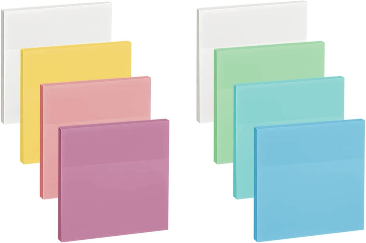 ENLUOM 400 Sheets Colored Transparent Sticky Notes - 3 x 3 in Translucent Sticky Notes, Pastel Clear Waterproof Self-Sticky Note, See Through Sticky Note, Aesthetic Office Supplies (8 Pads)