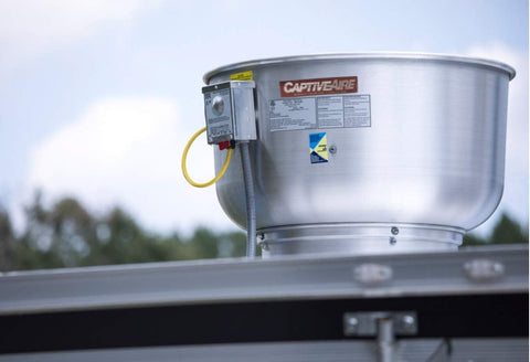 Food Truck Low Profile Exhaust Hood System Includes a stainless steel exhaust hood, an exhaust fan, an adjustable duct section, and installation hardware (5' Long Hood & Fan)