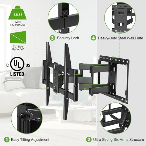 USX MOUNT Full Motion TV Wall Mount for Most 47-84 inch Flat Screen/LED/4K TV, TV Mount Bracket Dual Swivel Articulating Tilt 6 Arms, Max VESA 600x400mm, Holds up to 132lbs, Fits 8” 12” 16" Wood Studs