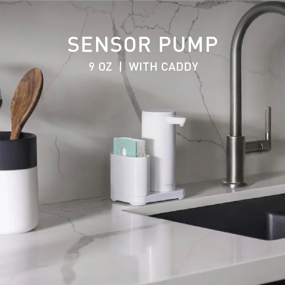 simplehuman Liquid Sensor Pump with Caddy, 9 oz Automatic Soap Dispenser for Kitchen and Bathroom, Touchless Motion Sensor, Variable Dispense, Rechargeable, High-Grade White Steel