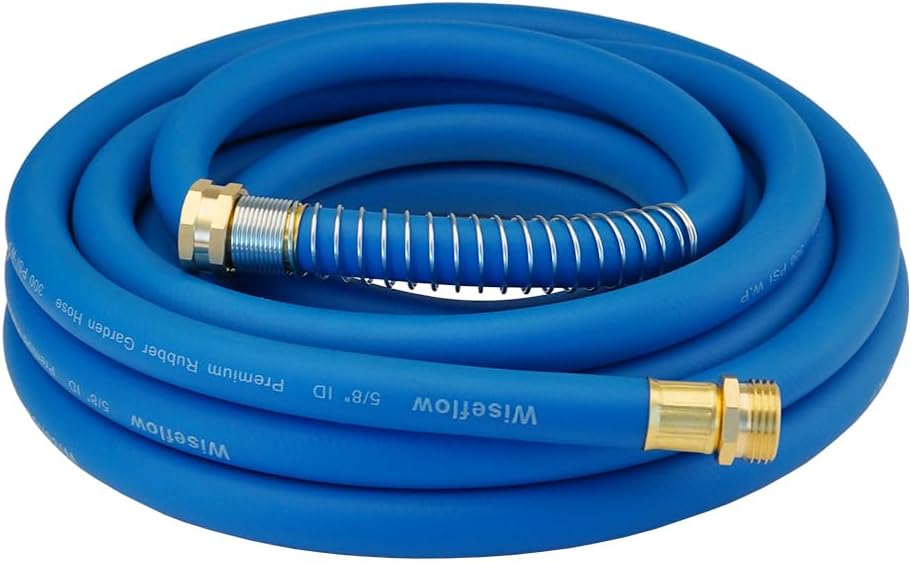 Wiseflow Garden Hose 25FT x 5/8", Heavy Duty Rubber Hose, Water Hose with Five Layered Braiding, Male Female Fittings, 1000PSI Burst, 300PSI Working for Yard, Car Wash, Pets (Blue)