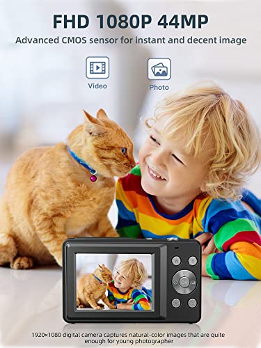 Digital Camera, FHD 1080P Kids Camera 44MP Point and Shoot Digital Cameras with 32GB SD Card, 16X Zoom, Two Batteries, Lanyard, Compact Small Camera for Kids Boys Girls