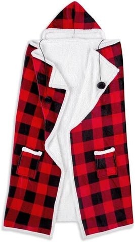 Premium Wearable Hooded Blanket for Adult Women and Men 71"x51" - Super Soft, Lightweight, Microplush, Cozy and Functional Throw Blanket Buffalo Plaid White/Black