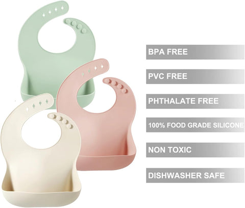 PandaEar Set of 3 Silicone Baby Bibs Waterproof, Soft, Unisex, 10-72 Months