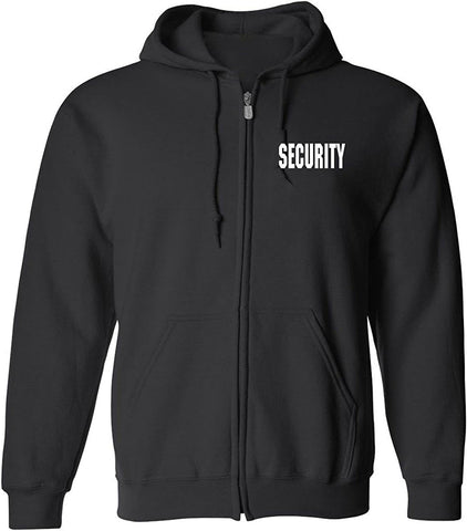 RYNO GEAR Men's Security Guard Silkscreen Front & Back Black Full Zip Hoodie, Fleece Hoodie.