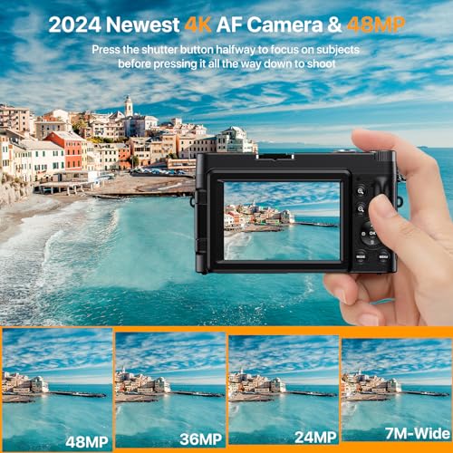 4K Digital Camera for Photography Auto-Focus 4K Camera with 180° 3.0 inch Flip Screen 16X Anti-Shake Vlogging Camera for YouTube Video Compact Cameras with SD Card, 2 Batteries and Battery Charger