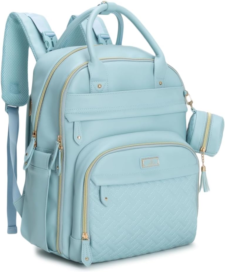 BabbleRoo Leather Diaper Bag Backpack - Baby Essentials Travel Baby Bag, Multi function, Water Resistant, with Changing Pad, Stroller Straps & Pacifier Case – Unisex, Powder Blue