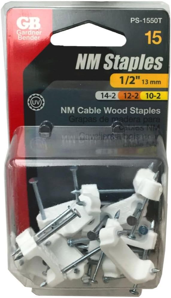 Gardner Bender PS-1550T Insulated Staples, ½ Inch., Secures Romex, UF & (NM) Non-Metalic Cable, Polyethylene - UV Resistant, Splinter Free, 15 Pk., White