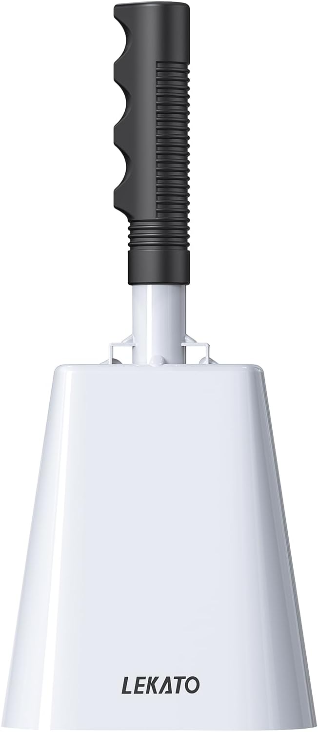 LEKATO 10 Inch Cowbell Noise Makers, Cow bell with Handle for Sporting Events Cheering Steel Cow Bell for Football Games,Party, Concert, Graduation, School, Farm Ranch(White)
