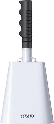 LEKATO 10 Inch Cowbell Noise Makers, Cow bell with Handle for Sporting Events Cheering Steel Cow Bell for Football Games,Party, Concert, Graduation, School, Farm Ranch(White)