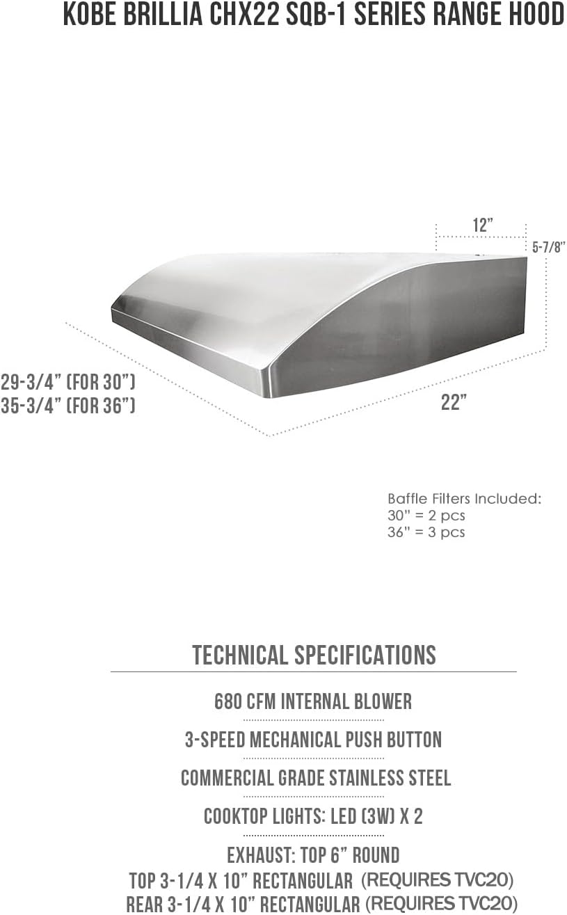 KOBE CHX2230SQB-1 Brillia 30-inch Under Cabinet Range Hood, 3-Speed, 680 CFM, LED Lights, Baffle Filters, Stainless Steel