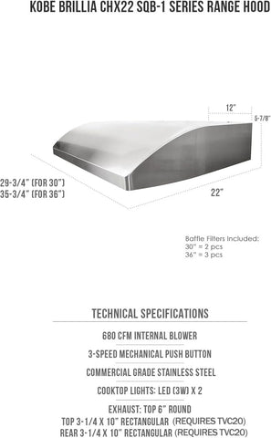 KOBE CHX2230SQB-1 Brillia 30-inch Under Cabinet Range Hood, 3-Speed, 680 CFM, LED Lights, Baffle Filters, Stainless Steel