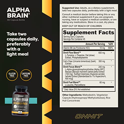 ONNIT Alpha Brain Premium Nootropic Brain Supplement, 90 Count - Caffeine-Free Focus Capsules for Concentration, Brain Booster & Memory Support - Cat's Claw, Bacopa, Oat Straw